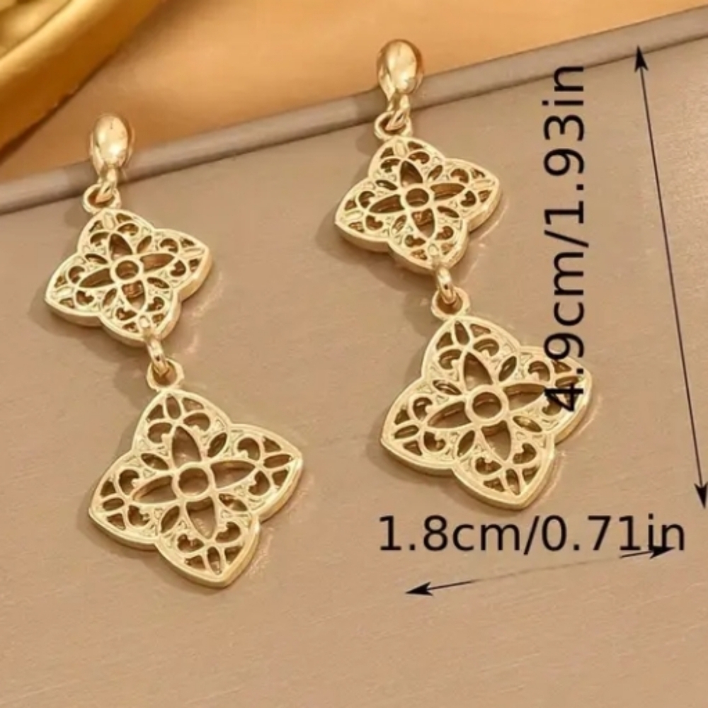 Gold Clover Filigree Drop Earrings - Picture 5 of 5